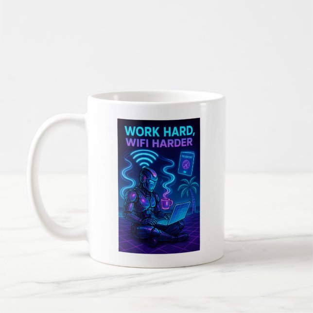 Cyberpunk Robot Mug – Tech Humor Coffee Cup (Left)