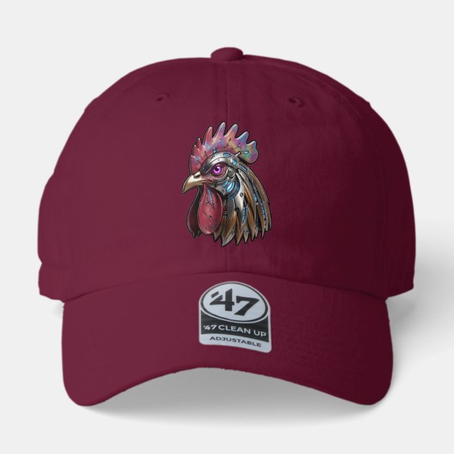 Cyberpunk Rooster Iridescent Mechanical Art  47 Brand Hat (Front)
