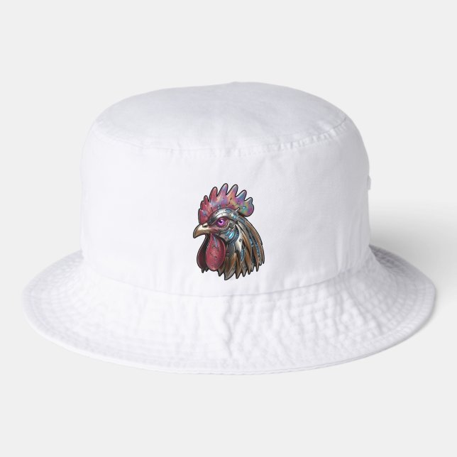 Cyberpunk Rooster Iridescent Mechanical Art  Bucket Hat (Front)