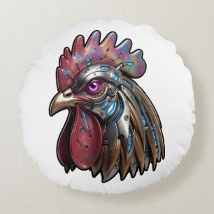 Cyberpunk Rooster Iridescent Mechanical Art Round Pillow