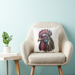 Cyberpunk Rooster Iridescent Mechanical Art Throw Pillow