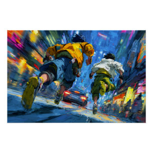 Cyberpunk Runners Neon Rain Chase Action Poster