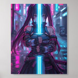 Cyberpunk Samurai Girl Neon Katana Anime Acrylic Photo Tile