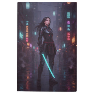 Cyberpunk Samurai Girl Sci-Fi Wall Art Metal Art