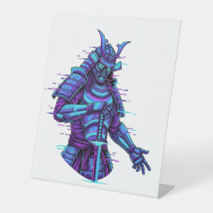 Cyberpunk Samurai in Neon Glow Pedestal Sign