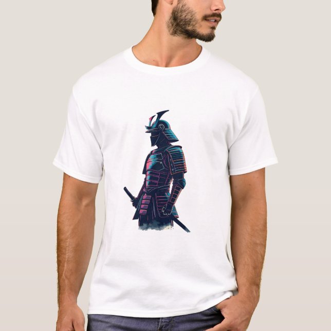 Cyberpunk Samurai Robot Overlooking Neon-Lit Futur T-Shirt (Front)