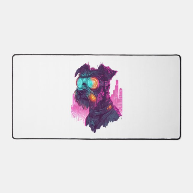 Cyberpunk Schnauzer – Futuristic Neon Dog Desk Mat (Front)