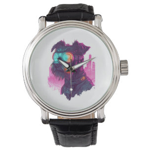 Cyberpunk Schnauzer � Futuristic Neon Dog Watch