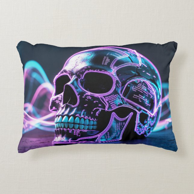 Cyberpunk Skull Glitch Accent Pillow (Front)