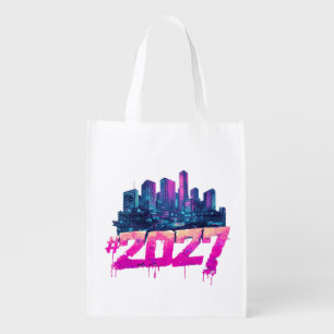 Cyberpunk Skyline 2027 Neon Graffiti Grocery Bag
