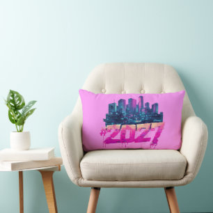 Cyberpunk Skyline 2027 Neon Graffiti Lumbar Pillow