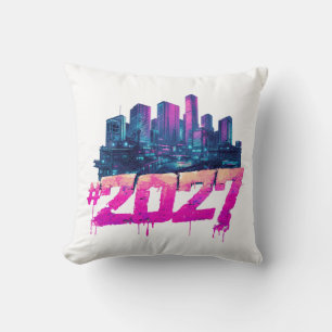 Cyberpunk Skyline 2027 Neon Graffiti Throw Pillow