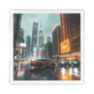 Cyberpunk Skyscrapper City Cars Acrylic Tray