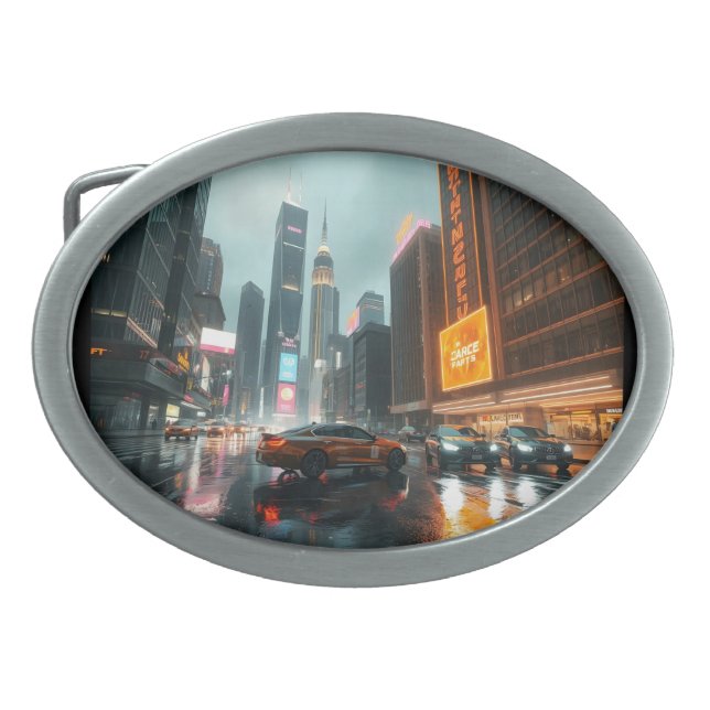 Cyberpunk Skyscrapper City Cars Belt Buckle (Front)
