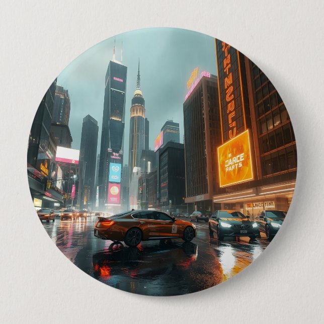 Cyberpunk Skyscrapper City Cars Button (Front)