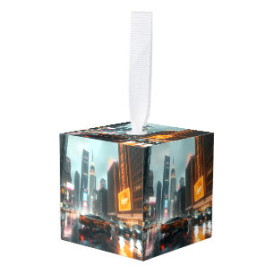 Cyberpunk Skyscrapper City Cars Cube Ornament
