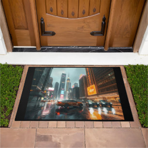 Cyberpunk Skyscrapper City Cars Doormat