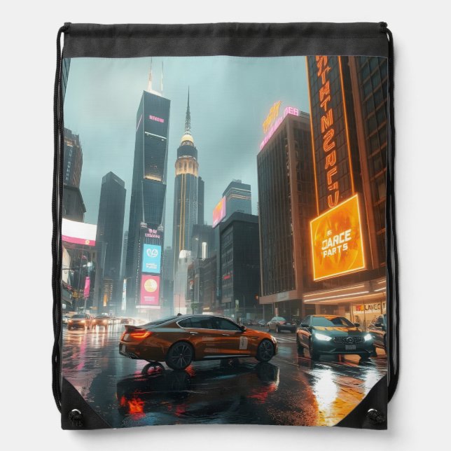 Cyberpunk Skyscrapper City Cars Drawstring Bag (Front)