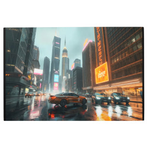 Cyberpunk Skyscrapper City Cars Metal Print