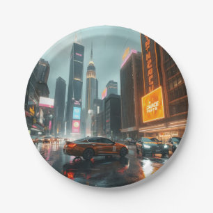 Cyberpunk Skyscrapper City Cars Paper Plates