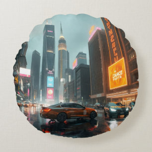 Cyberpunk Skyscrapper City Cars Round Pillow