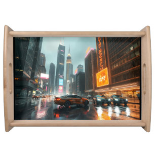 Cyberpunk Skyscrapper City Cars Serving Tray