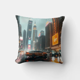 Cyberpunk Skyscrapper City Cars Throw Pillow