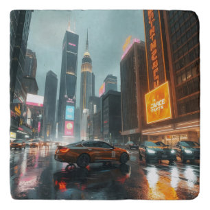 Cyberpunk Skyscrapper City Cars Trivet