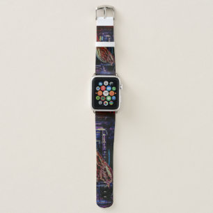 Cyberpunk Sparrow in Neon Cityscape Apple Watch Band