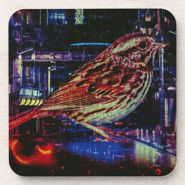 Cyberpunk Sparrow in Neon Cityscape Beverage Coaster (Front)
