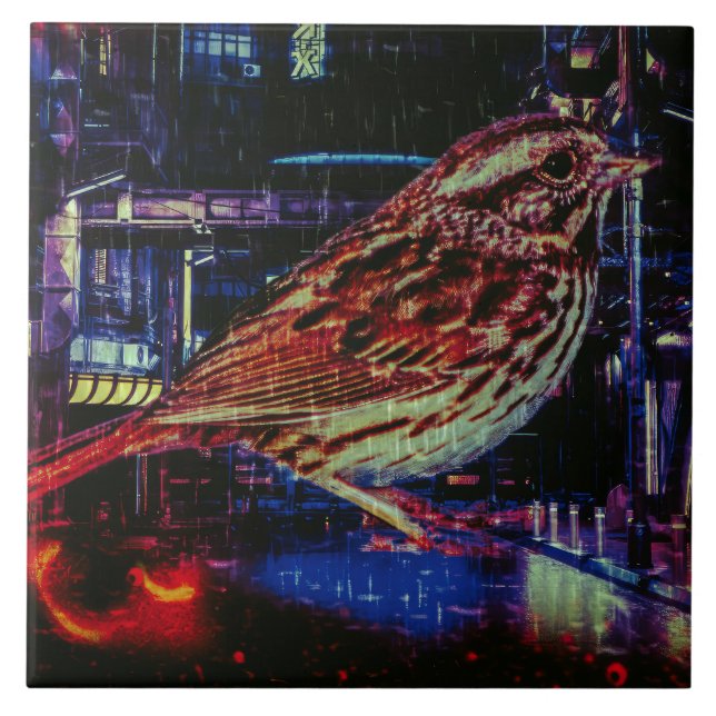 Cyberpunk Sparrow in Neon Cityscape Ceramic Tile (Front)