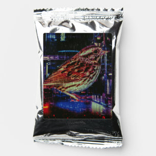 Cyberpunk Sparrow in Neon Cityscape Coffee Drink Mix