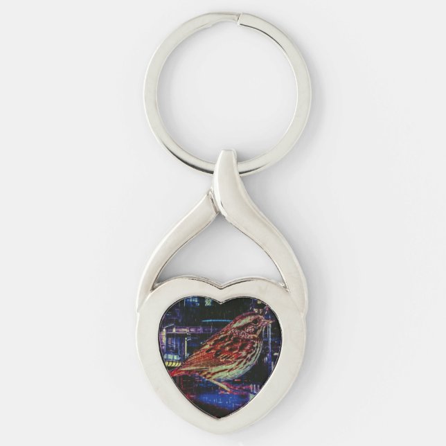 Cyberpunk Sparrow in Neon Cityscape Keychain (Front)