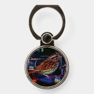 Cyberpunk Sparrow in Neon Cityscape Phone Ring Stand