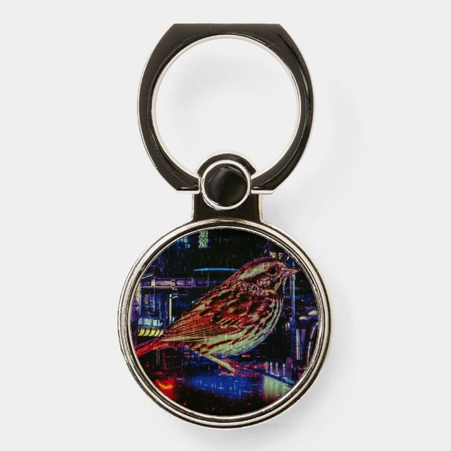 Cyberpunk Sparrow in Neon Cityscape Phone Ring Stand (Front)