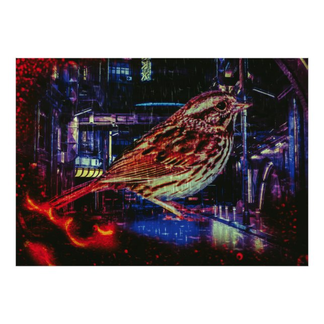 Cyberpunk Sparrow in Neon Cityscape Photo Print (Front)