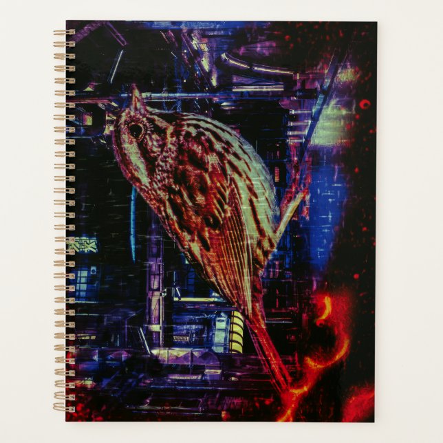 Cyberpunk Sparrow in Neon Cityscape Planner (Front)