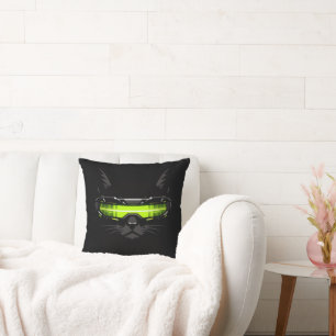 Cyberpunk Stealth Cat Neon Green Gaming Room Throw Pillow