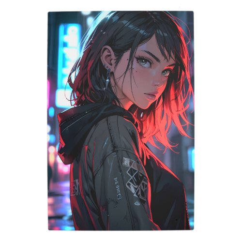 Cyberpunk Streetwear Anime Girl Neon Night City Ar Metal Print