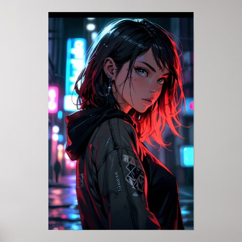 Cyberpunk Streetwear Anime Girl Neon Night City Ar Poster