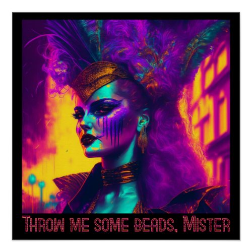 Cyberpunk_synthwave Mardi Gras Woman Glossy Poster