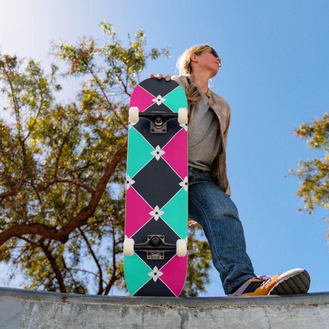 Cyberpunk Synthwave Pattern Fuchsia Turquoise Skateboard (Outdoor 1)