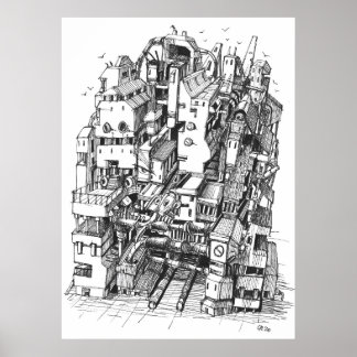 Cyberpunk town ink art poster