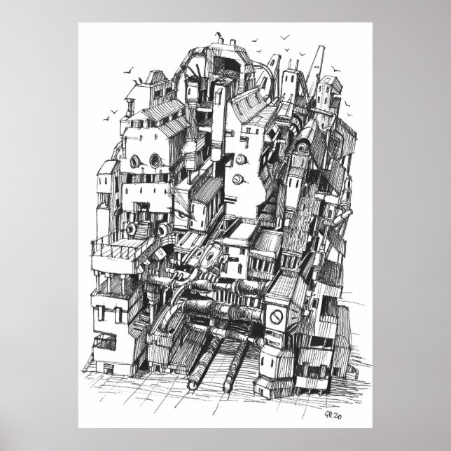 Cyberpunk town ink art poster (Front)