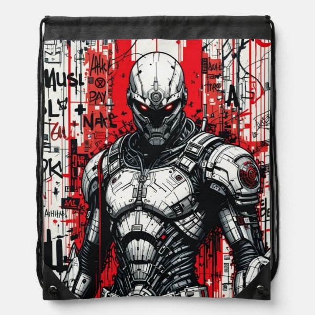 Cyberpunk Warrior Graffiti Drawstring Backpack (Front)