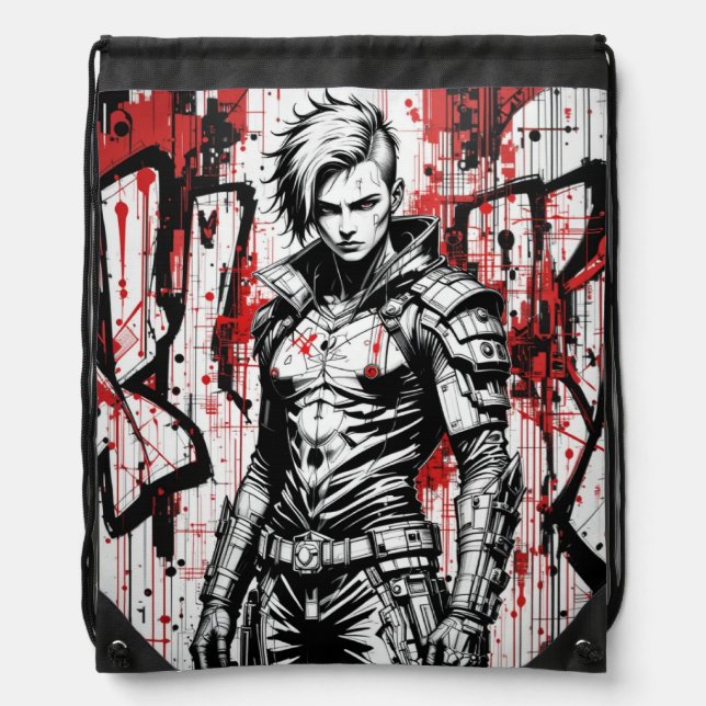 Cyberpunk Warrior Graffiti Drawstring Backpack (Front)