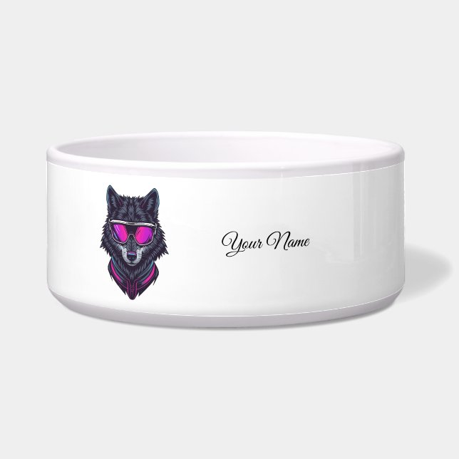 Cyberpunk Wolf Neon Art Personalizable Name Mug -  Bowl (Front)