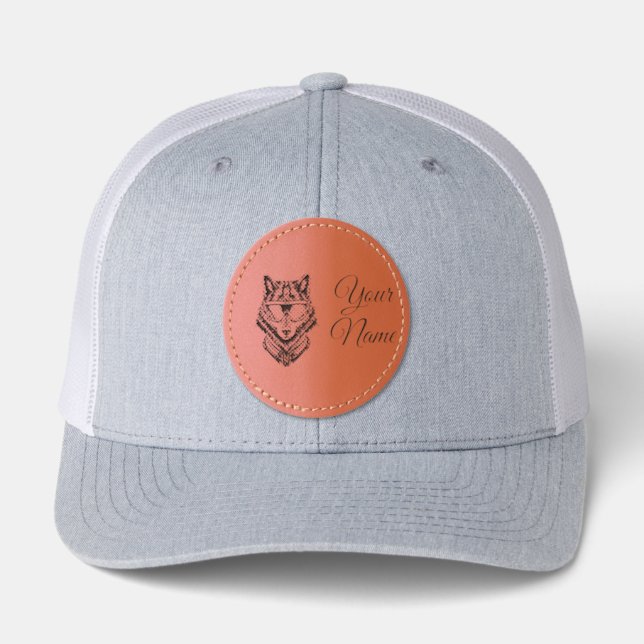 Cyberpunk Wolf Neon Art Personalizable Name Mug -  Leather Patch Hat (Front)