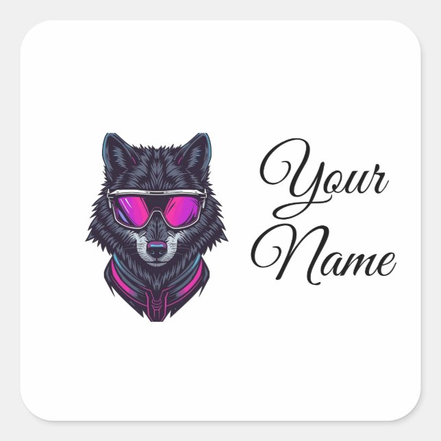 Cyberpunk Wolf Neon Art Personalizable Name Mug -  Square Sticker (Front)