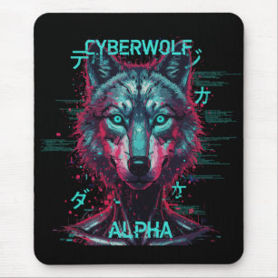Cyberwolf Alpha   Futuristic Neon Cyberpunk Wolf  Mouse Pad